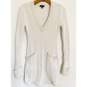 Express White Long Sleeve Cable Knit Wool Angora Blend Fit Sweater Dress Size XS